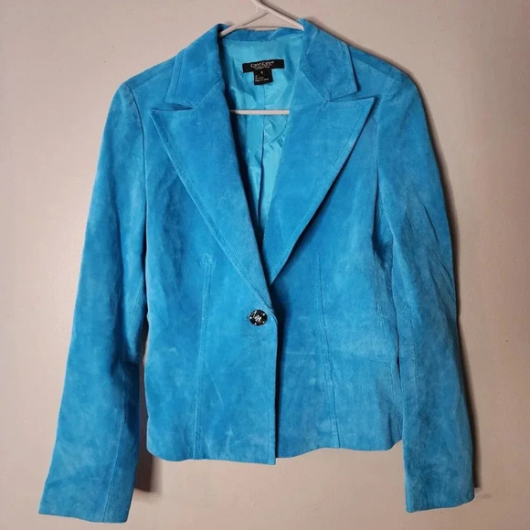 Karen Kane Suede Jacket Blue Turquoise Casual Luxe Rhinestone Buttons Lined Sz S - Picture 1 of 14